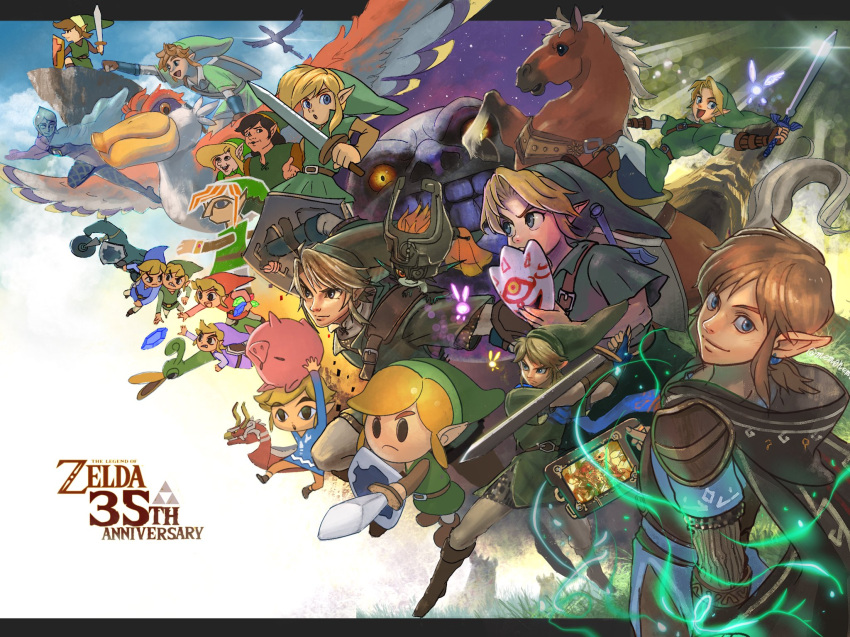 anniversary beak blonde_hair blue_eyes boots brown_hair butiboco cape chibi cliff cloak copyright_name daruk epona ezlo fairy fi fighting_stance great_deku_tree green_tunic hat highres hood hooded_cloak horse hyrule_warriors link loftwing looking_at_viewer mask master_cycle master_sword midna mipha moon_(majora's_mask) multiple_persona navi pig pointy_ears princess_zelda revali riding saddle scarf sheikah_slate smile strap sword sword_behind_back tael tatl the_king_of_red_lions the_legend_of_zelda the_legend_of_zelda:_a_link_between_worlds the_legend_of_zelda:_a_link_to_the_past the_legend_of_zelda:_breath_of_the_wild the_legend_of_zelda:_four_swords the_legend_of_zelda:_link's_awakening the_legend_of_zelda:_majora's_mask the_legend_of_zelda:_ocarina_of_time the_legend_of_zelda:_skyward_sword the_legend_of_zelda:_the_minish_cap the_legend_of_zelda:_the_wind_waker the_legend_of_zelda:_twilight_princess the_legend_of_zelda_(cartoon) the_legend_of_zelda_(cd-i) the_legend_of_zelda_(nes) toon_link triforce urbosa weapon young_link