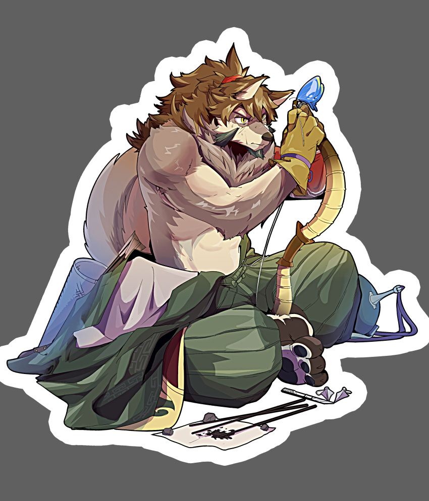 1boy absurdres animal_ears bara bare_pecs beige_fur brown_hair crossed_legs facial_hair fang full_body furry goatee green_kimono hadanugi_dousa hair_between_eyes highres japanese_clothes kimono male_focus mature_male paws relax_lion short_hair solo stomach sweatdrop tail temujin_(tokyo_houkago_summoners) tokyo_houkago_summoners toned toned_male wolf_boy wolf_ears wolf_tail