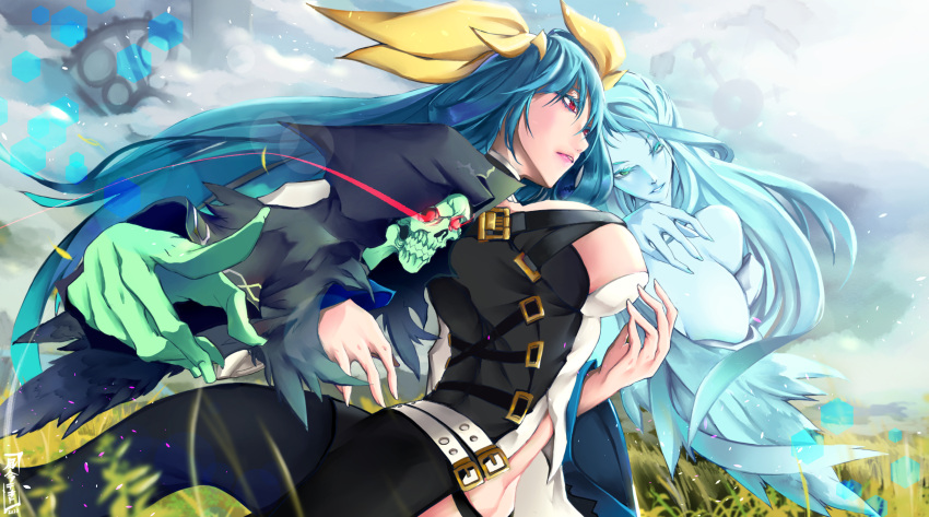 1boy 2girls bangs belt blue_hair breasts choker cleavage_cutout clothing_cutout cloud cloudy_sky dated dizzy_(guilty_gear) fingernails from_side gears glowing glowing_eyes grass green_eyes guilty_gear guilty_gear_xrd hair_between_eyes hair_ribbon hair_rings highres kazekyou_tekito large_breasts lips long_hair midriff multiple_girls navel necro_(guilty_gear) red_eyes ribbon signature skull sky tail twintails undine_(guilty_gear) wide_sleeves yellow_ribbon