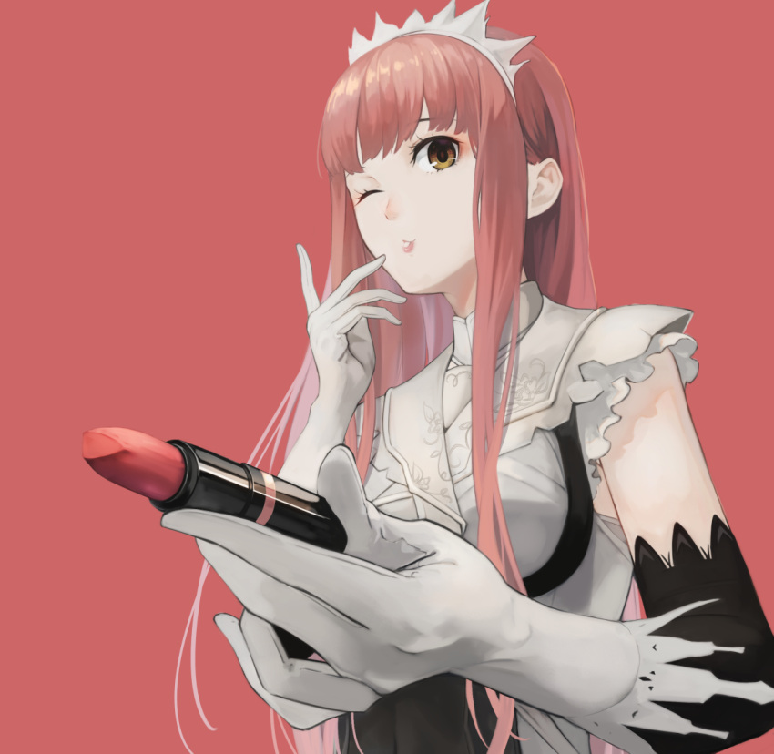 1girl bangs blunt_bangs cosmetics elbow_gloves eyebrows_behind_hair fate/grand_order fate_(series) gloves holding lipstick lipstick_tube long_hair makeup medb_(fate) medb_(fate)_(all) mori_yashiro_(konkon_oyashiro) one_eye_closed pink_background pink_hair pink_lips pink_lipstick_tube pink_theme puckered_lips simple_background solo tiara white_gloves yellow_eyes