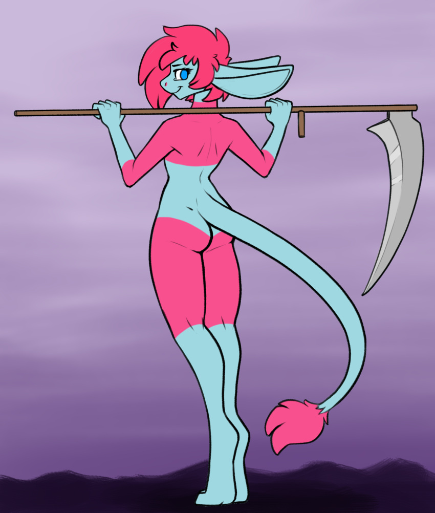 anthro butt female hi_res kirhos mammal melee_weapon polearm rodent ruby(sarek_aran_desian) sarek_aran_desian scythe solo starbound video_games weapon