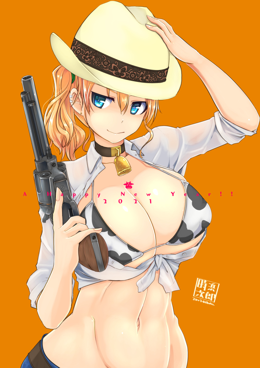 1girl 2021 abs adjusting_clothes adjusting_headwear animal_print artist_logo artist_name bangs bell bell_choker bikini bikini_under_clothes black_choker blue_eyes breasts choker cleavage closed_mouth collared_shirt commentary cow_print cowbell cowboy_hat ear_clip earrings english_text front-tie_top gun hair_tie handgun happy_new_year hat highres holding holding_gun holding_weapon jewelry large_breasts long_sleeves looking_at_viewer medium_hair navel new_year orange_hair original print_bikini revolver shirt side_ponytail signature simple_background sleeves_rolled_up smile solo stud_earrings swimsuit tokihama_jirou upper_body weapon white_bikini white_shirt yellow_headwear