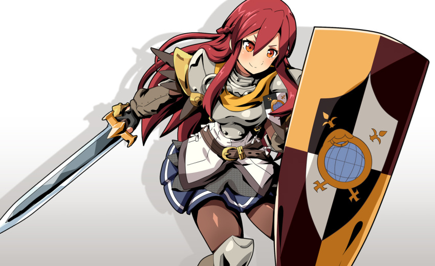 1girl armor belt blue_skirt breasts cowboy_shot gudon_(iukhzl) hair_between_eyes holding holding_shield holding_sword holding_weapon long_hair medium_breasts orange_eyes pantyhose raquna_sheldon red_hair sekaiju_no_meikyuu shadow shield shin_sekaiju_no_meikyuu simple_background skirt smile solo sword weapon white_background