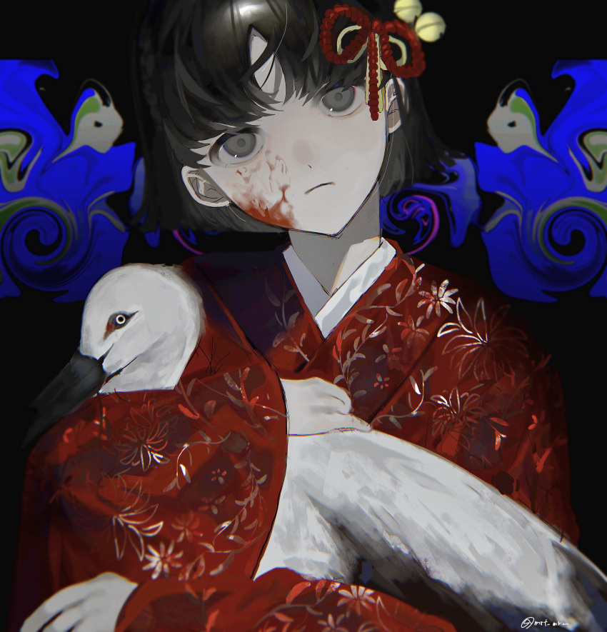 1girl abstract_background absurdres bangs bird black_hair expressionless grey_eyes highres huge_filesize isomu japanese_clothes kimono long_sleeves original red_kimono short_hair solo twitter_username upper_body wide_sleeves