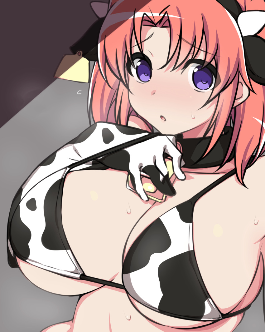 1girl absurdres alternate_costume animal_ears animal_print bangs bell bell_collar bikini blush breasts breath cleavage collar commentary cow_ears cow_print cowbell detached_collar ear_tag elbow_gloves eyebrows_visible_through_hair fake_animal_ears gloves grey_background hair_between_eyes hand_on_own_chest hand_under_clothes hand_under_swimsuit heavy_breathing highres kuro_mushi large_breasts looking_at_viewer medium_hair mikakunin_de_shinkoukei open_mouth parted_bangs pink_hair print_bikini print_gloves purple_eyes shade simple_background solo sweat sweatdrop swimsuit tareme twintails upper_body yonomori_kobeni