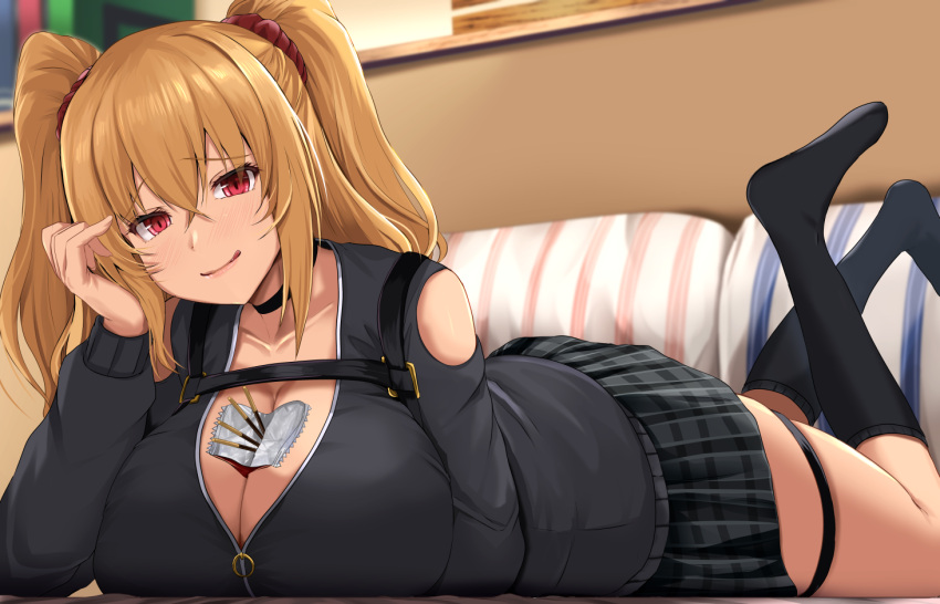 1girl :d bangs between_breasts black_legwear black_shirt blonde_hair blush breasts choker cleavage closed_mouth collarbone eyebrows_visible_through_hair food hair_between_eyes hair_ornament hair_scrunchie head_rest huge_breasts indoors kanzaki_kureha kneehighs long_sleeves looking_at_viewer lying on_stomach open_mouth original plaid plaid_skirt pocky red_eyes red_scrunchie scrunchie shirt sidelocks skirt smile socks solo thigh_strap thighs tongue tongue_out twintails