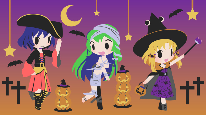 3girls alternate_costume bandaged_arm bandaged_head bandaged_leg bandages bat belt black_cape black_footwear black_vest blonde_hair blue_hair bow cape chestnut_mouth chibi cobalta cross dress floral_print gradient gradient_background green_hair hair_bow hair_ornament halloween hat jack-o'-lantern kochiya_sanae long_hair moon moriya_suwako multiple_girls mummy_costume open_mouth pirate_costume pirate_hat pleated_skirt purple_dress red_shirt red_skirt shirt short_hair skirt snake_hair_ornament star_(symbol) touhou vest wide_sleeves witch_hat yasaka_kanako