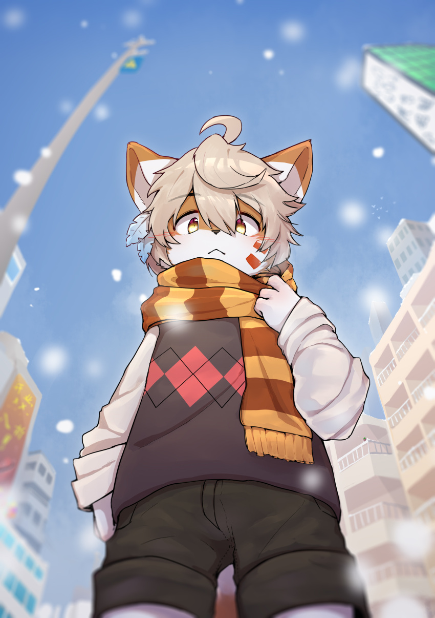 :&lt; absurd_res accessory ahoge anthro biped blonde_hair bottomwear building city clothed clothing day detailed_background dipstick_ears domestic_cat feather_in_hair feathers felid feline felis front_view fully_clothed fur hair hair_accessory hi_res kemono looking_at_viewer low-angle_view male mammal monotone_hair multicolored_body multicolored_ears multicolored_fur orange_body orange_fur outside portrait scarf shirt short_hair shorts sky snow snowing solo ssssssssss3000 standing three-quarter_portrait topwear two_tone_body two_tone_ears two_tone_fur vest white_body white_clothing white_fur white_shirt white_topwear yellow_eyes