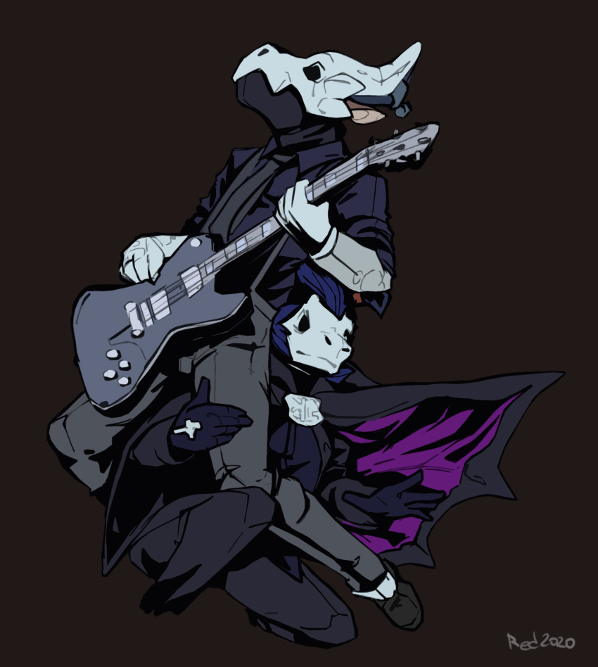 2020 absurd_res anthro black_background black_bottomwear black_cape black_clothing black_footwear black_pants black_shoes blue_clothing blue_gloves blue_shirt blue_topwear bottomwear cape carbon_(carbon-draws) clothing dragon duo electric_guitar footwear fur furred_dragon gloves grey_bottomwear grey_clothing grey_horn grey_pants guitar handwear hi_res holding_guitar horn horn_ring male mask musical_instrument pants plucked_string_instrument purple_cape red_(redponei) redponei scalie shirt shoes signature simple_background skull_mask string_instrument topwear two_tone_cape white_clothing white_gloves