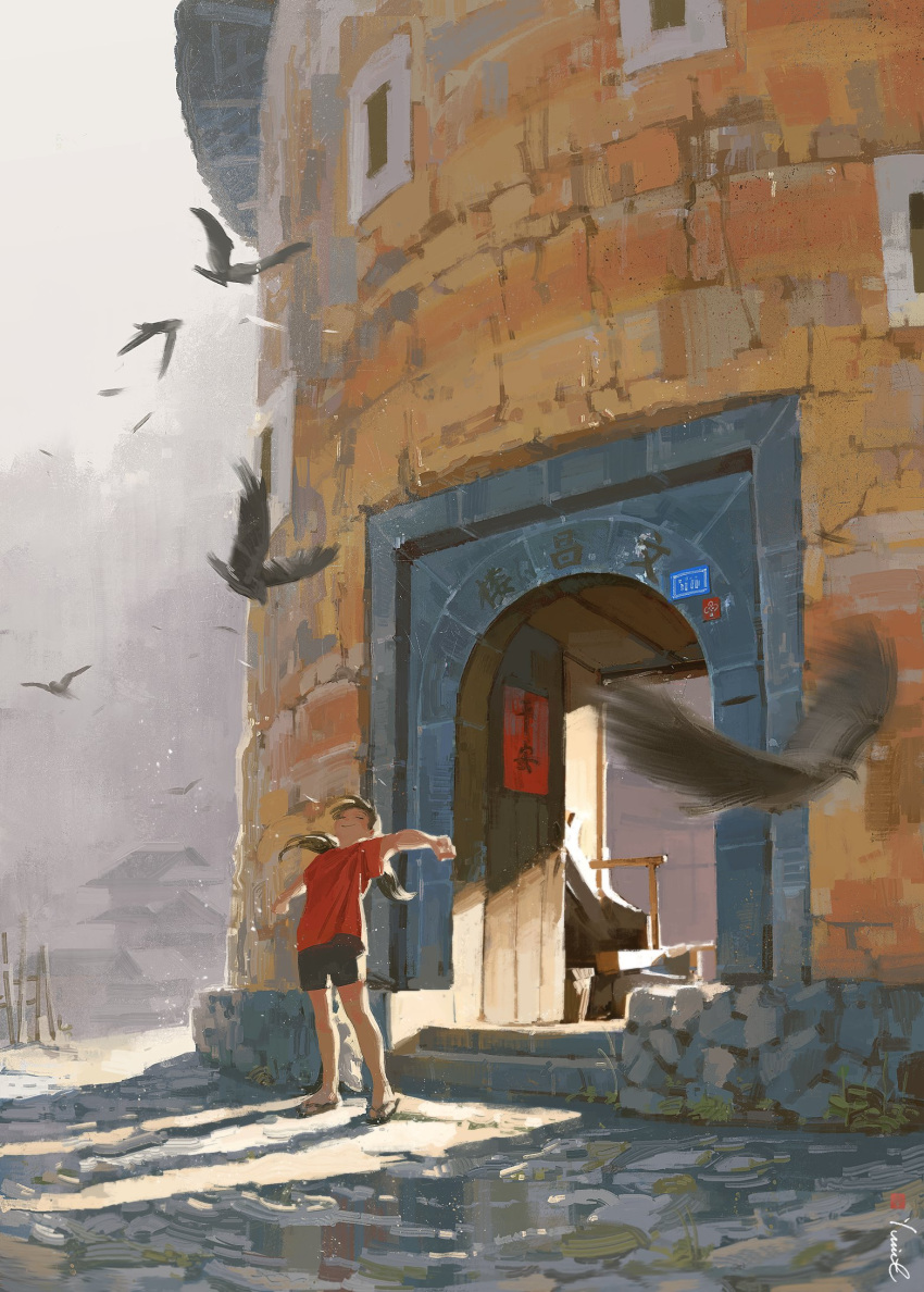 1girl bird black_shorts building highres original outstretched_arms overcast red_shirt sandals shadow shirt shorts signature solo standing wide_shot yuine_yuyin
