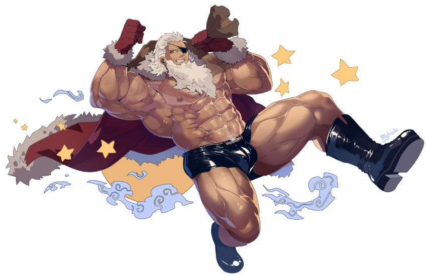 1boy abs bara bare_pecs biceps black_shorts bulge cape eyepatch full_body fur-trimmed_cape fur_trim gift_bag large_pectorals latex latex_legwear long_hair male_focus mature_male muscular muscular_male navel navel_hair nipples old old_man original red_cape revealing_clothes rybiokaoru santa_costume shorts solo star_(symbol) stomach thick_thighs thighs veins white_hair