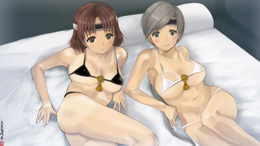 2girls bikini black_bikini blush breasts brown_eyes brown_hair chitose_(kancolle) chiyoda_(kancolle) green_eyes grey_hair headband highres kantai_collection kurorichin large_breasts long_hair looking_at_viewer multiple_girls smile swimsuit underboob white_bikini