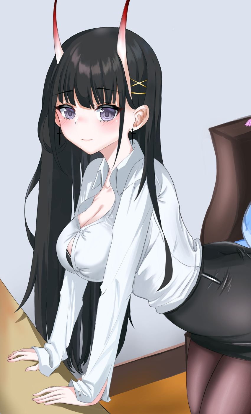 1girl absurdres azur_lane black_bra black_hair black_skirt bra breasts button_gap cake_walker cleavage collared_shirt earrings highres horns huge_filesize jewelry leaning_forward long_hair looking_at_viewer noshiro_(azur_lane) office_lady oni_horns pantyhose pencil_skirt purple_eyes shirt skirt solo underwear white_shirt