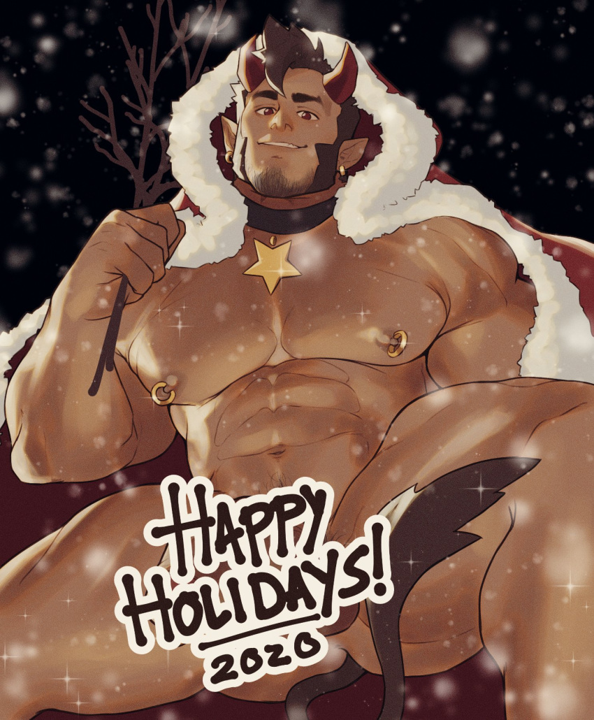1boy abs ass bara bare_pecs beard black_collar black_hair christmas collar dark_skin dark_skinned_male demon_boy demon_horns earrings english_text facial_hair feet_out_of_frame fur-trimmed_jacket fur_trim highres horns jacket jewelry large_pectorals male_focus mature_male muscular muscular_male navel navel_hair nipple_piercing nipple_rings nipples nude open_clothes open_jacket original penis piercing red_eyes ruisselait santa_costume short_hair sideburns smile snowing solo spiked_hair spread_legs stomach tail text_censor thick_thighs thighs