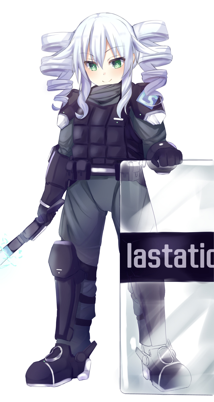 1girl absurdres alternate_costume bimmy black_gloves black_sister bulletproof_vest drill_hair eyebrows_visible_through_hair gloves green_eyes hair_between_eyes highres long_hair looking_at_viewer neptune_(series) power_symbol riot_shield simple_background smile solo symbol-shaped_pupils twin_drills white_hair