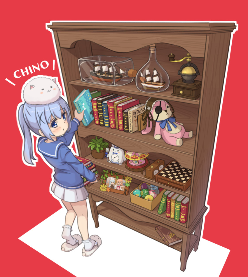 1girl angora_rabbit animal_on_head blue_eyes blue_hair blue_ribbon book bookshelf bottle bunny bunny_on_head chessboard clock coffee_grinder doorknob eyepatch gochuumon_wa_usagi_desu_ka? hair_ornament highres hoto_cocoa in_bottle in_container kafuu_chino mohei on_head open_mouth plant portrait ribbon school_uniform serafuku ship ship_in_a_bottle skirt slippers socks stuffed_animal stuffed_bunny stuffed_toy tippy_(gochiusa) watercraft x_hair_ornament