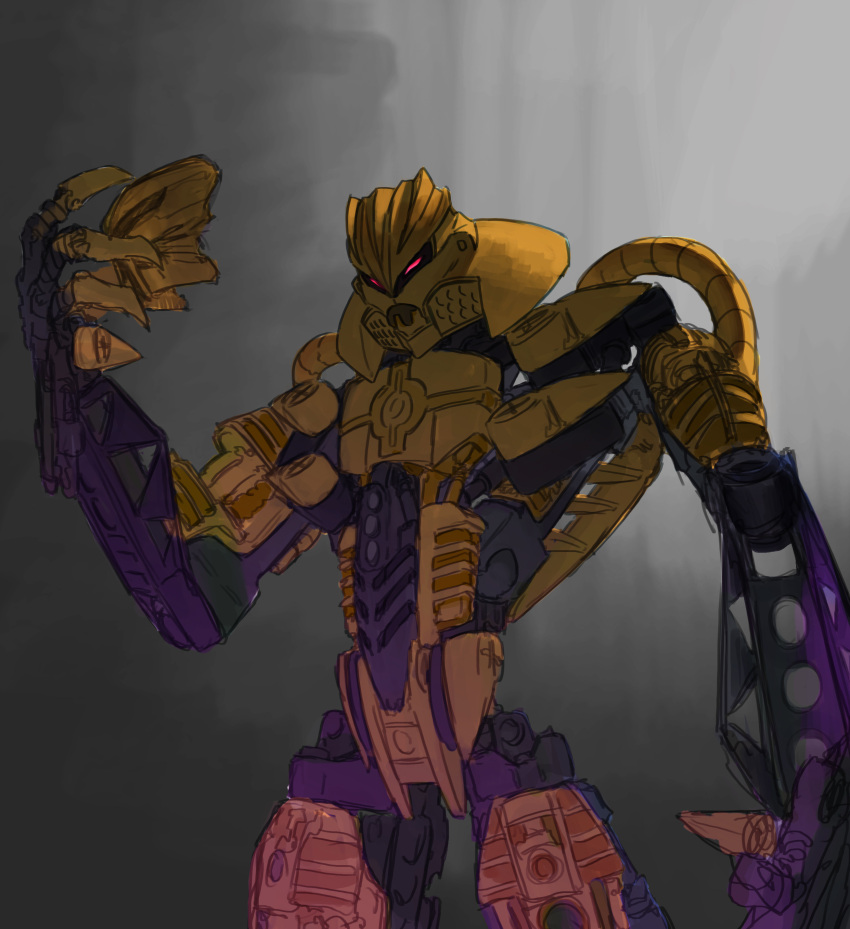 absurd_res ambient ambient_glow ambiguous_gender armor bionicle blue_body brutaka claws digital_drawing_(artwork) digital_media_(artwork) donghyun_lim glowing gold_body grey_background hi_res holding_object holding_weapon humanoid lego machine mask melee_weapon mouthless multicolored_body not_furry purple_glow red_eyes robot sharp_claws simple_background standing two_tone_body weapon