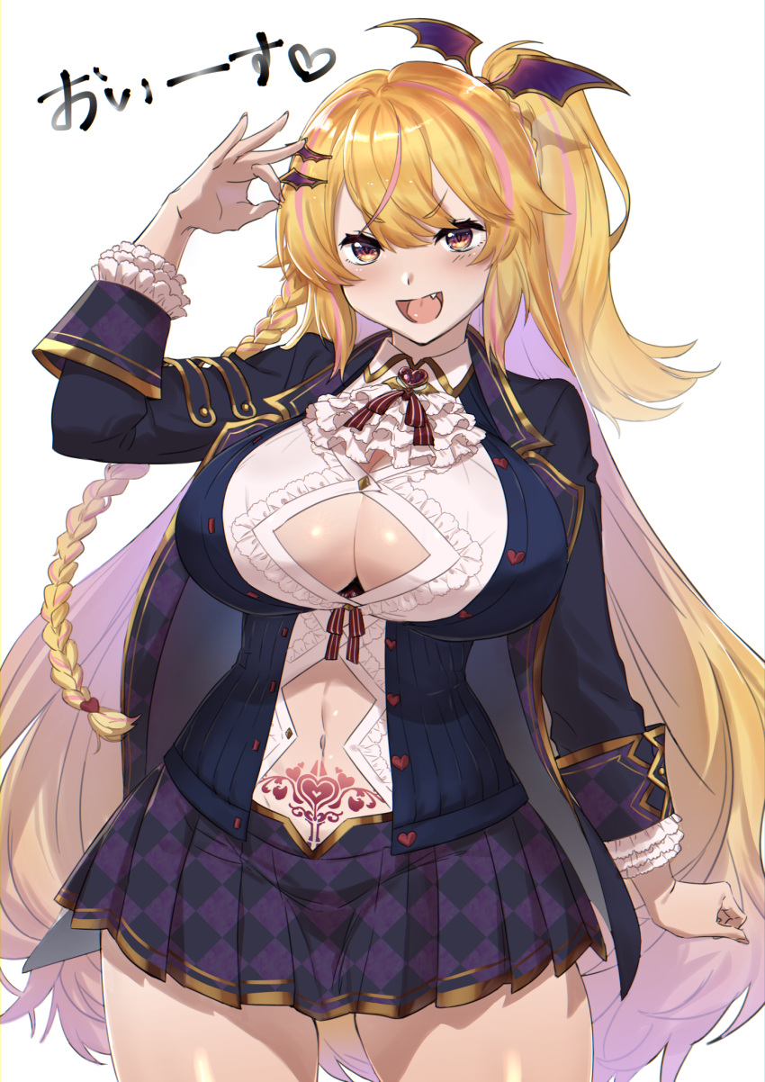 1girl ascot bat_hair_ornament blazer blonde_hair blue_shirt blush braid breasts checkered checkered_skirt cleavage cleavage_cutout clothing_cutout contrapposto cowboy_shot fang french_braid frilled_sleeves frills hair_ornament heart highres jacket large_breasts long_hair long_sleeves looking_at_viewer miniskirt multicolored_hair navel navel_cutout no_bra nori_(artist) noripro one_side_up open_clothes open_jacket open_mouth orange_eyes pink_hair pleated_skirt pubic_tattoo purple_jacket purple_skirt red_ribbon ribbon school_uniform shirt side_braid simple_background skirt solo streaked_hair tattoo vampire very_long_hair virtual_youtuber white_background white_shirt yumeno_lilith