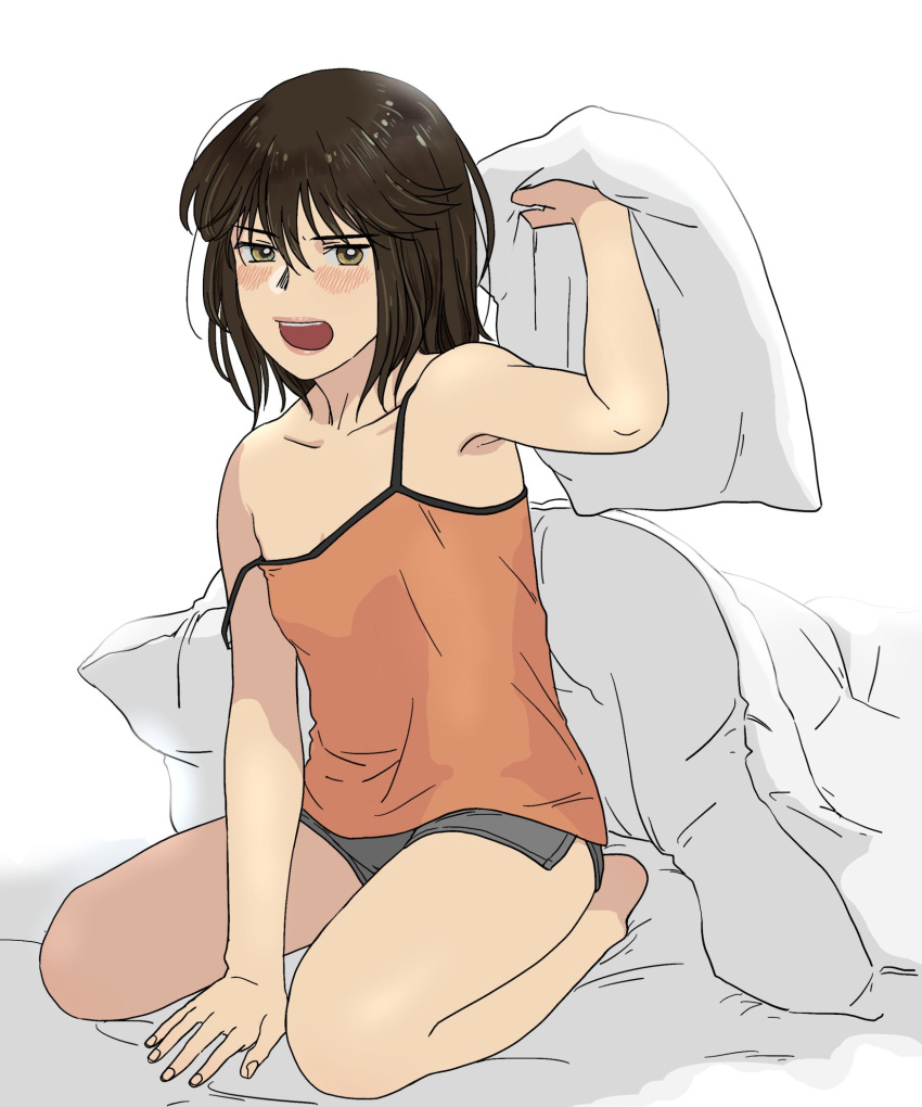 1girl black_hair brown_eyes camisole full_body grey_shorts highres holding holding_pillow kantai_collection looking_at_viewer open_mouth orange_camisole pillow sendai_(kancolle) short_hair shorts simple_background sitting sleepwear solo strap_slip translation_request under_covers wariza white_background yoshizawa_tamae