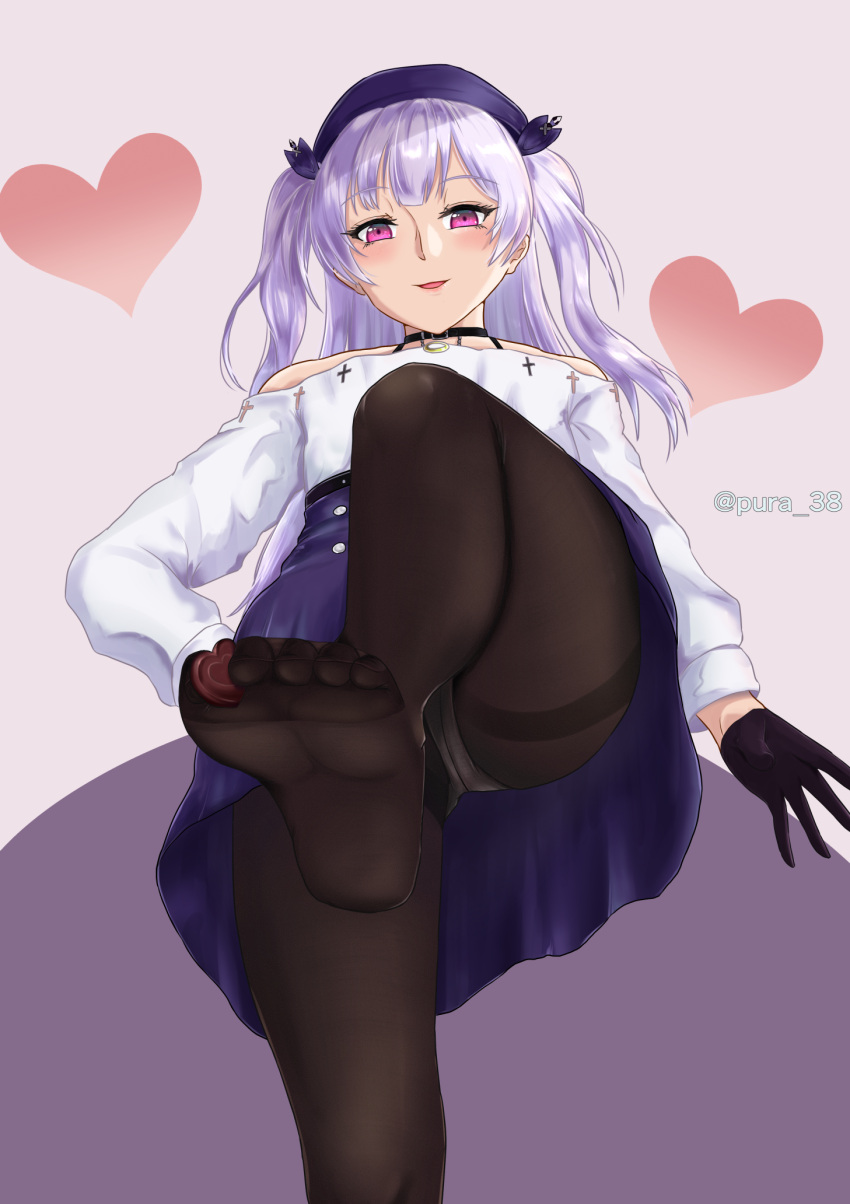 1girl ajax_(azur_lane) ajax_(valentine's_reward?)_(azur_lane) artist_name azur_lane bare_shoulders black_choker black_gloves black_legwear candy chocolate chocolate_heart choker crotch_seam dress eyebrows_visible_through_hair food foot_up from_below gloves hand_on_hip happy_valentine hat heart highres long_hair looking_at_viewer no_shoes open_mouth panties panties_under_pantyhose pantyhose pura_38 purple_eyes purple_hair purple_headwear ring_necklace simple_background soles solo standing standing_on_one_leg thighband_pantyhose twintails underwear valentine white_panties