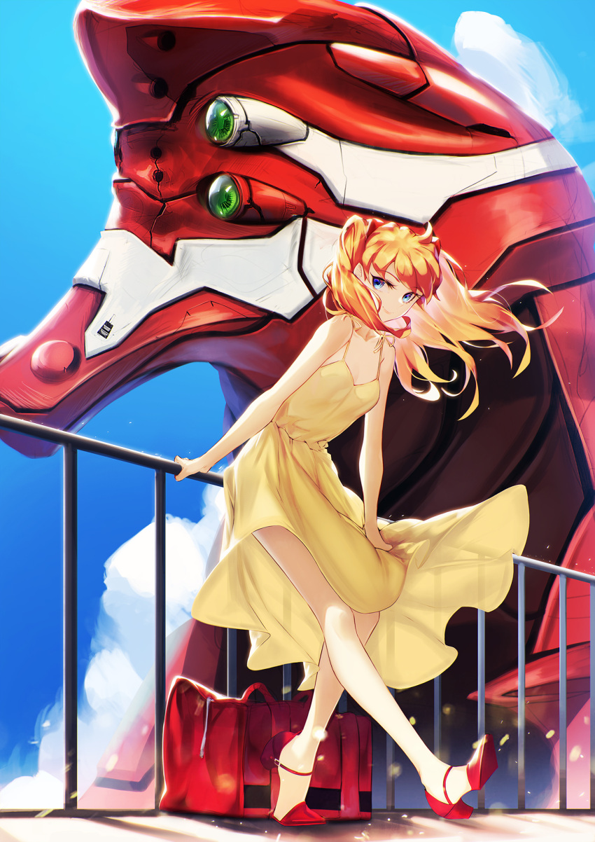 1girl bag bangs bare_shoulders blue_eyes blueorca breasts cloud day eva_02 eyebrows_visible_through_hair high_heels highres leaning_forward long_hair looking_at_viewer mecha medium_breasts neon_genesis_evangelion orange_hair outdoors railing red_footwear shoes sitting sky smile solo souryuu_asuka_langley spaghetti_strap standing standing_on_one_leg two_side_up wind