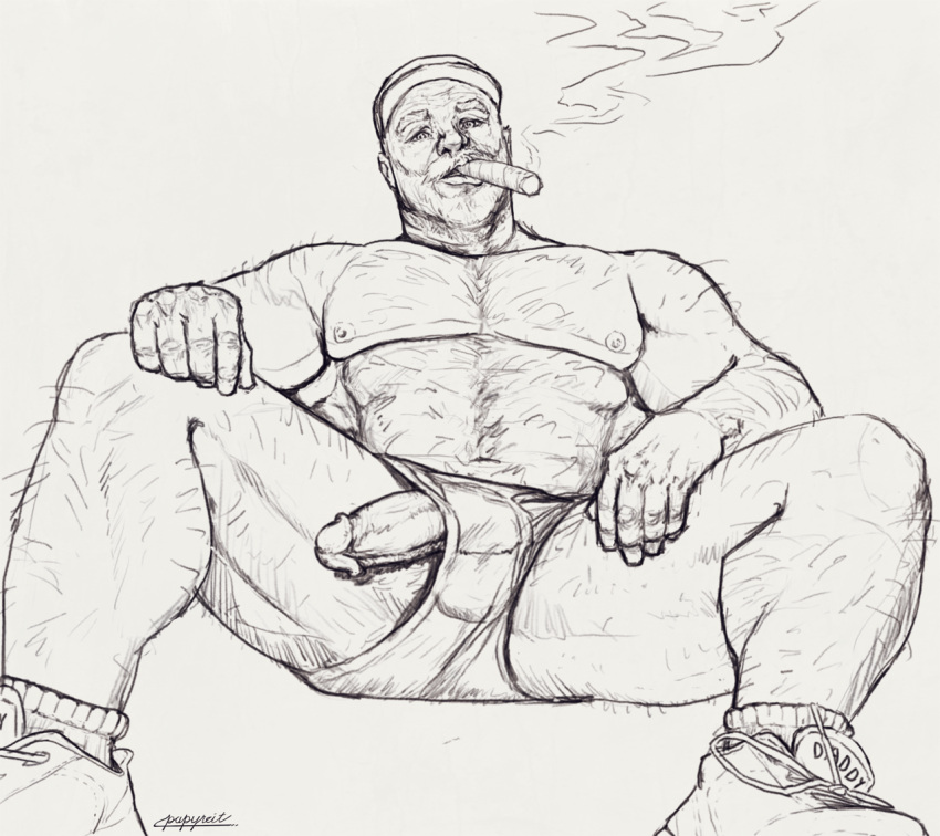 abs balls biceps body_hair briefs bulge butt chest_hair cigar clothing daddy_kink footwear genitals hairy hat headgear headwear human humanoid looking_at_viewer male mammal muscular muscular_male nipples papyreit pecs penis reclining shoes sitting smoking socks solo transformation transformation_sequence underwear