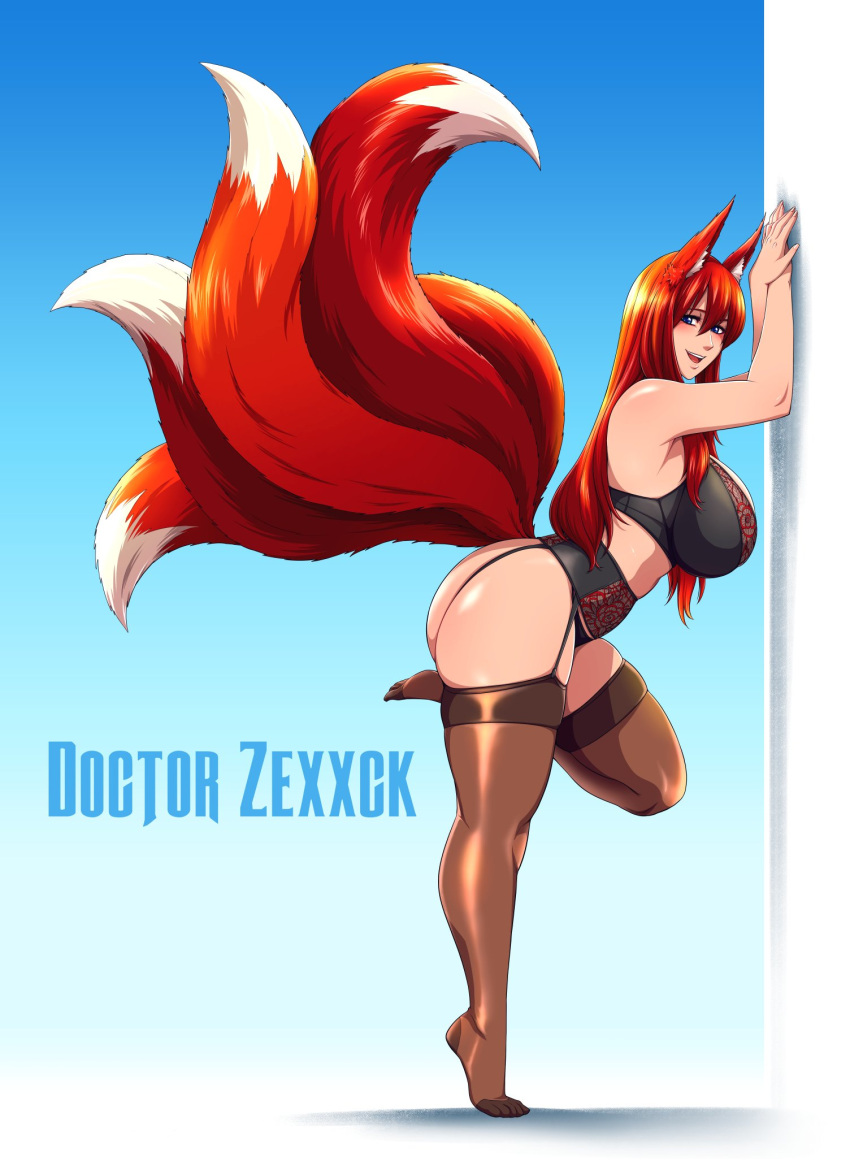 animal_humanoid big_breasts bra breasts canid canid_humanoid canine canine_humanoid clothed clothing doctorzexxck female fox_humanoid garter_belt garter_straps hi_res humanoid legwear mammal mammal_humanoid multi_tail panties solo thigh_highs underwear