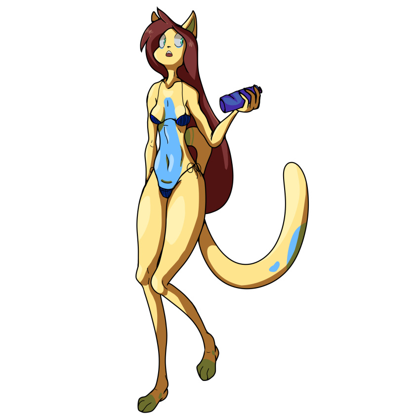 1:1 alpha_channel anonymous_artist anthro bikini blue_bikini blue_clothing blue_markings blue_swimwear breasts brown_hair clothed clothing digital_media_(artwork) dipstick_tail domestic_cat feet felid feline felis female foot_markings fur hair hi_res leg_markings mammal markings multicolored_tail nude open_mouth solo starstaco swimwear tomomi water_bottle yellow_body yellow_fur