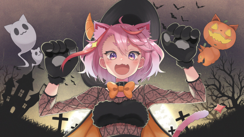1girl :3 ahoge animal_ears bat capelet cat_ears cat_girl cat_paws cat_tail character_request cloak copyright_request cross fang ghost halloween highres jack-o'-lantern looking_at_viewer otyaduke paws pink_hair purple_eyes see-through skin_fang solo symbol-shaped_pupils tail upper_body virtual_youtuber zero_project