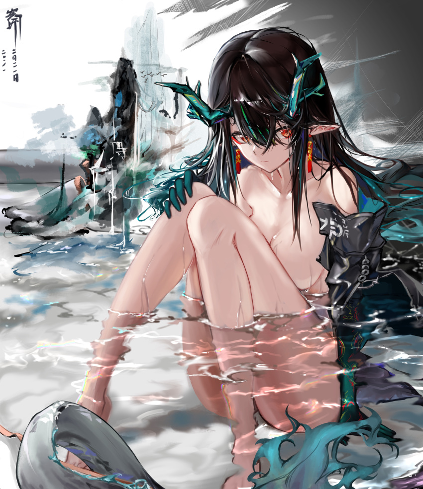 1girl absurdres aqua_hair arknights bangs barefoot bird black_hair black_jacket breasts cleavage closed_mouth collarbone dragon_girl dragon_horns dragon_tail dusk_(arknights) earrings gradient_hair hair_between_eyes hhy highres horns jacket jewelry knees_on_chest knees_up long_hair looking_at_viewer medium_breasts multicolored_hair naked_jacket off_shoulder partially_submerged pointy_ears red_eyes rock sitting solo tail very_long_hair water