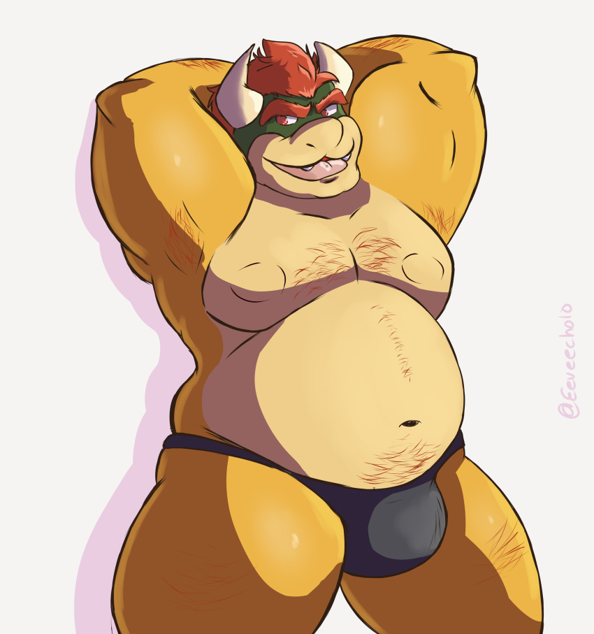 2021 absurd_res anthro belly bowser bulge clothing eeveecholo hi_res koopa male mario_bros moobs navel nintendo overweight overweight_anthro overweight_male scalie simple_background solo underwear video_games