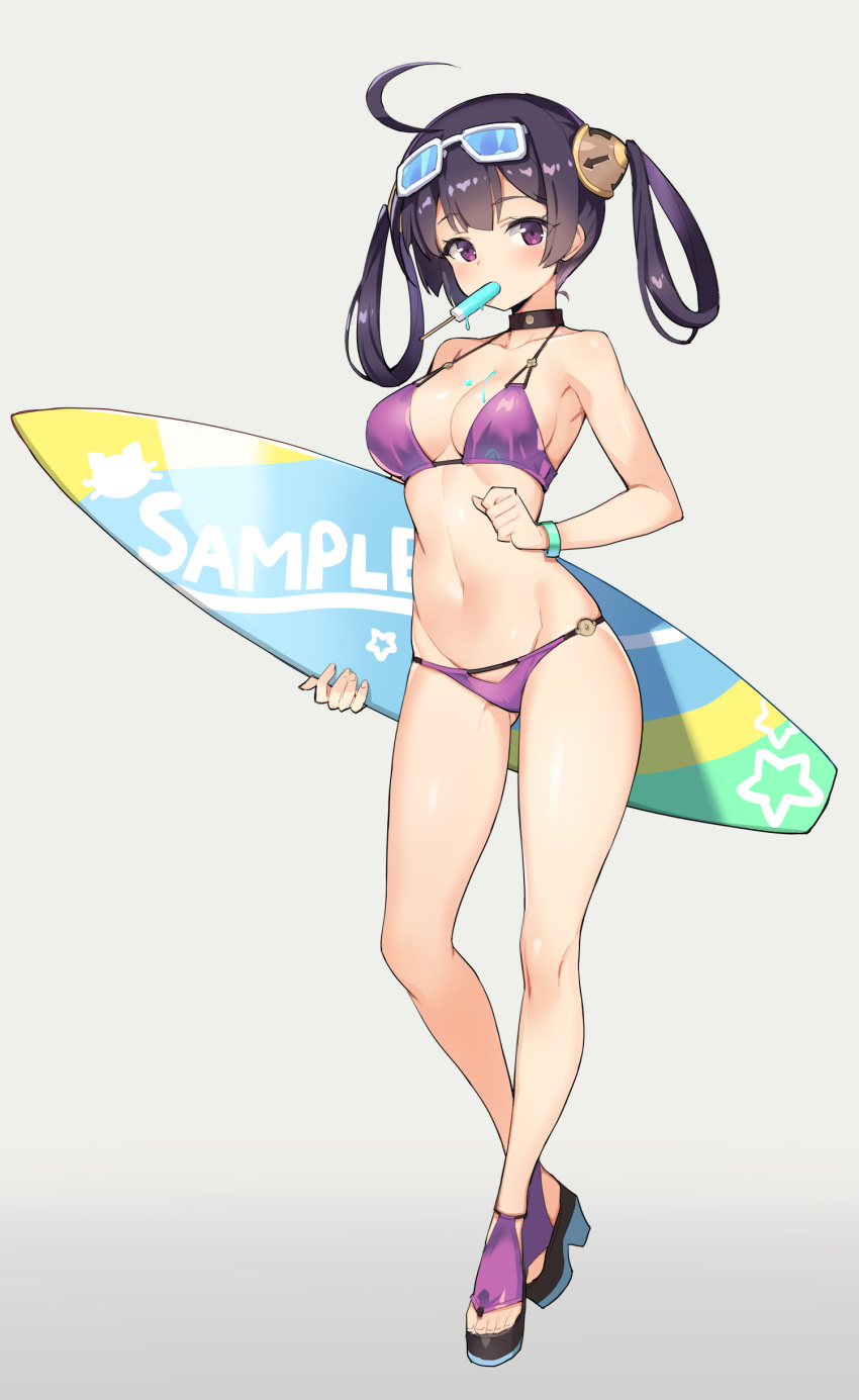 1girl absurdres ahoge azur_lane bikini breasts cleavage eyewear_on_head food full_body grey_background high_heels highres holding holding_surfboard ice_cream ice_cream_cone ice_cream_cone_spill long_hair looking_at_viewer medium_breasts ning_hai_(azur_lane) ning_hai_(summer_hunger)_(azur_lane) popsicle purple_bikini purple_eyes purple_footwear purple_hair serin199 simple_background solo surfboard swimsuit