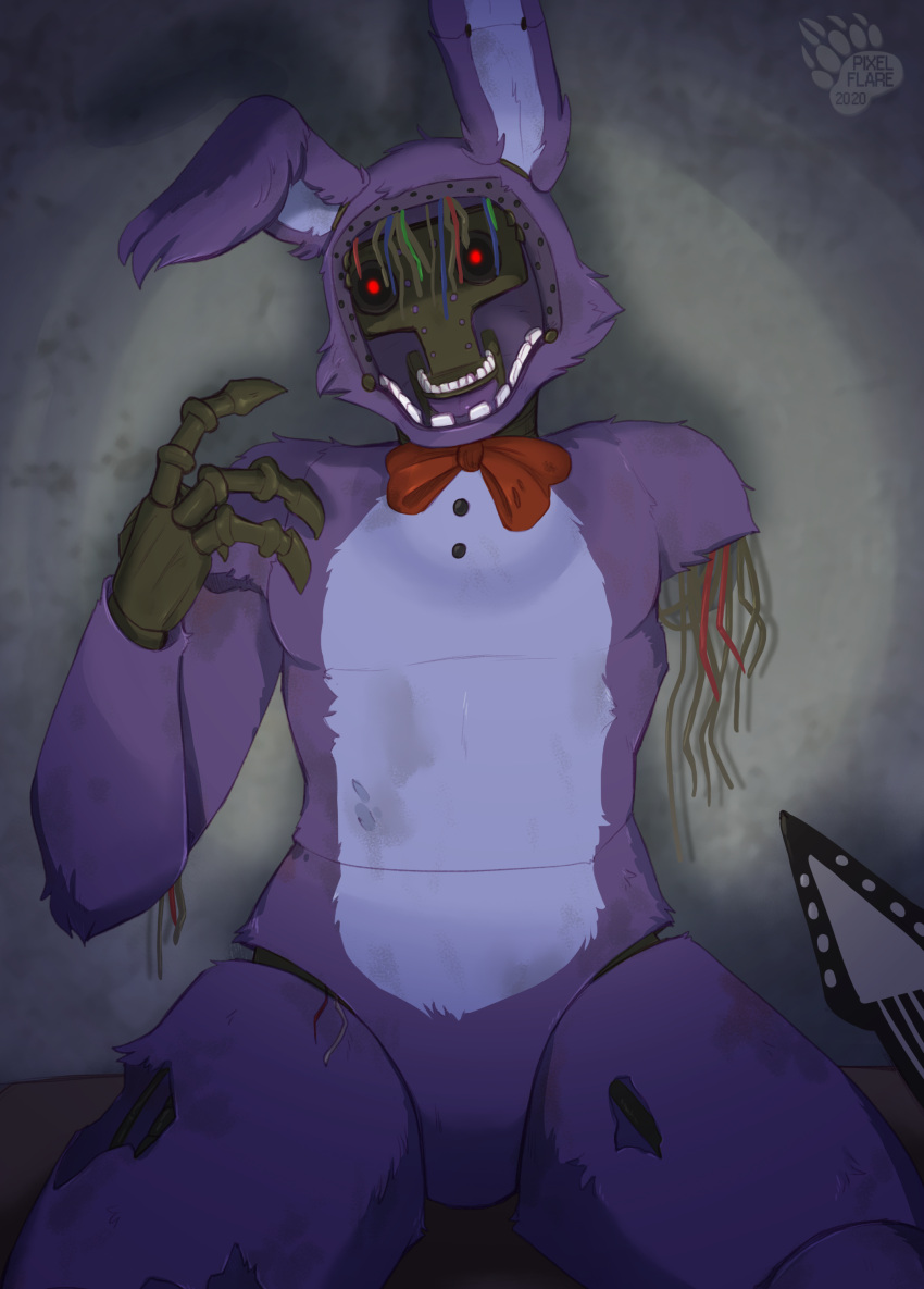 1_arm 2020 absurd_res animatronic anthro blue_body blue_ears blue_fur bow_tie endoskeleton exposed_endoskeleton faceless faceless_anthro faceless_character faceless_male featureless_crotch five_nights_at_freddy's five_nights_at_freddy's_2 fur grey_background guitar hi_res lagomorph leporid long_ears looking_at_viewer machine male mammal metal metallic metallic_body multicolored_body multicolored_ears musical_instrument pixelflare plucked_string_instrument purple_body purple_ears purple_fur rabbit raised_arm red_eyes robot robotic_hand simple_background sitting solo string_instrument teeth thick_thighs torn_arm torn_body video_games wire withered_bonnie_(fnaf)
