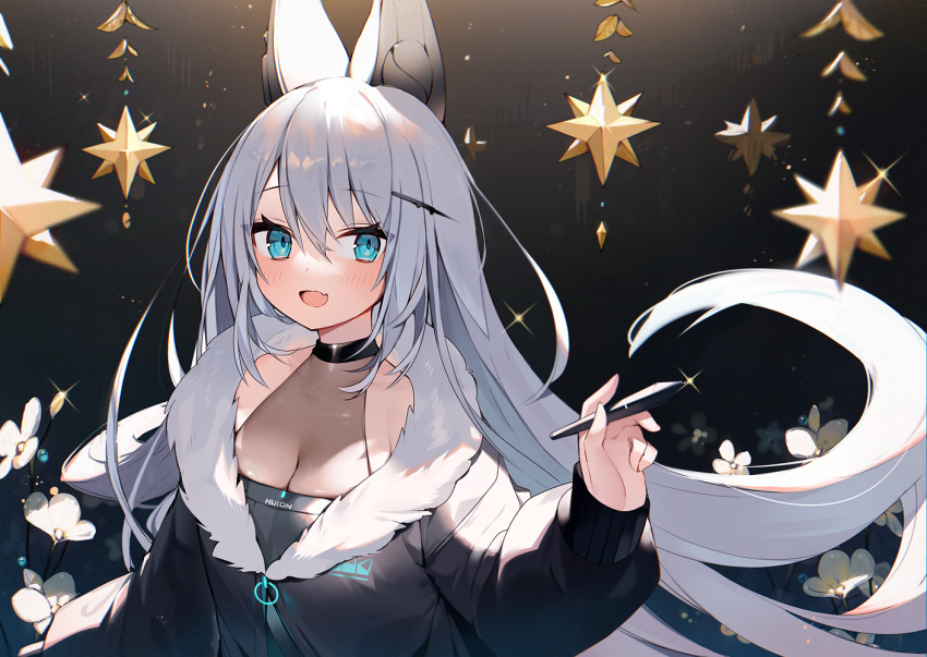 1girl :d animal_ears aqua_eyes bangs black_background blush breasts cat_ears cat_girl cleavage eyebrows_visible_through_hair flower fur_collar hair_between_eyes hair_ornament hairclip holding holding_stylus jacket long_hair long_sleeves looking_at_viewer medium_breasts muryotaro open_mouth original ornament silver_hair smile solo sparkle star_ornament stylus upper_body very_long_hair