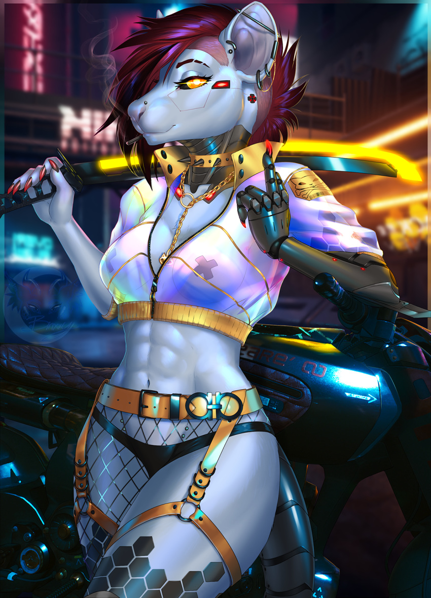 abs anthro arch_motorcycle athletic athletic_anthro athletic_female belt binxxy_(artist) breasts collar colored_nails cybernetics cyberpunk cyberpunk_2077 cyborg ear_piercing ear_ring facial_piercing female glowing glowing_eyes hair hi_res hip_piercing industrial_piercing katana looking_at_viewer machine mammal melee_weapon motorcycle murid murine nails nose_piercing pasties piercing rat red_hair red_nails rodent short_hair smoking solo sword vehicle weapon yellow_eyes