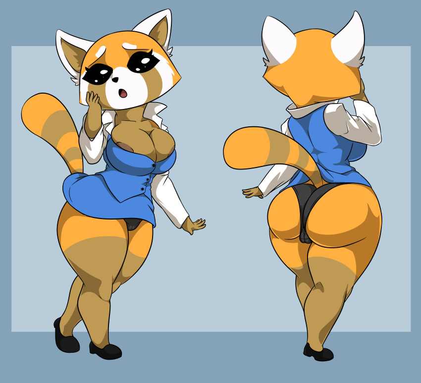absurd_res ailurid anthro big_breasts big_butt bottomwear breasts butt clothed clothing female footwear fur hi_res huge_butt looking_at_viewer mammal nipples open_mouth panties red_panda shirt shocked shoes simple_background skirt solo standing_tough thick_thighs topwear underwear wide_hips