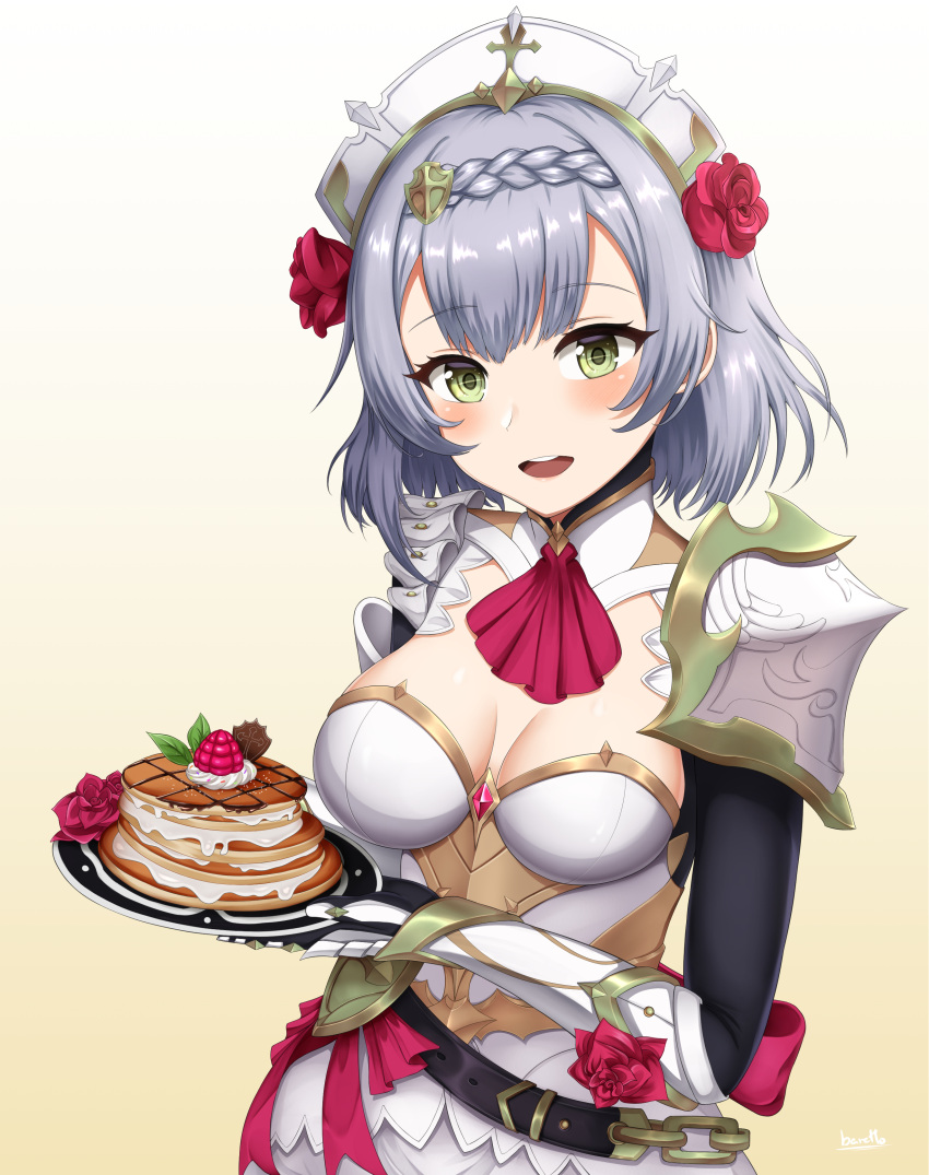 1girl absurdres armor armored_dress bangs baretto_(barettoarts) belt blush braid braided_bangs breasts cleavage dress flower food gauntlets genshin_impact green_eyes grey_hair headpiece highres large_breasts long_sleeves looking_at_viewer maid maid_headdress noelle_(genshin_impact) open_mouth pancake pauldrons plate rose short_hair shoulder_armor smile solo white_dress