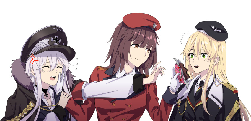 3girls absurdres beret black_choker black_headwear black_jacket black_neckwear blonde_hair brown_eyes brown_hair chocolate choker closed_eyes closed_mouth commander_(girls_frontline) cross cross_necklace eating eyebrows_visible_through_hair female_commander_(girls_frontline) food fur-trimmed_jacket fur_trim girls_frontline gloves green_eyes hand_on_hand hand_on_own_face happy_valentine hat highres holding holding_chocolate holding_food holding_hand jacket jewelry kar98k_(girls_frontline) long_hair looking_at_another military military_hat military_jacket military_uniform multiple_girls necklace necktie open_mouth red_headwear red_jacket shirt silver_hair smile stg44_(girls_frontline) suprii uniform valentine white_background white_gloves white_shirt