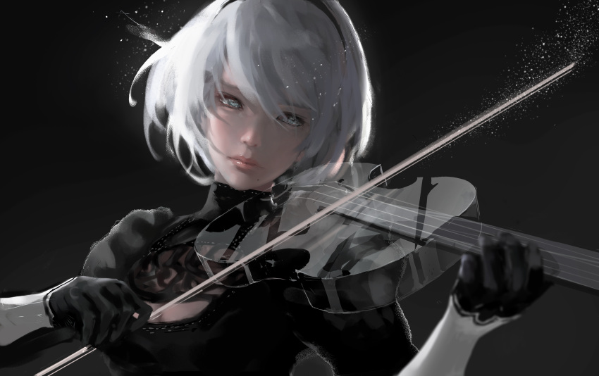 elbow_gloves gloves headband instrument nier nier:_automata short_hair violin watermark white_hair wlop yorha_unit_no._2_type_b