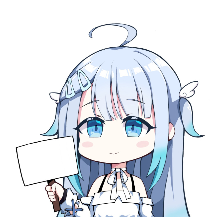 1girl ahoge amatsuka_uto blue_eyes blue_hair blush chibi choker detached_sleeves dress hair_behind_ear hair_ornament hairclip highres holding holding_sign imosalad indie_virtual_youtuber sign smile solo template two_side_up virtual_youtuber white_background white_choker white_dress wing_hair_ornament