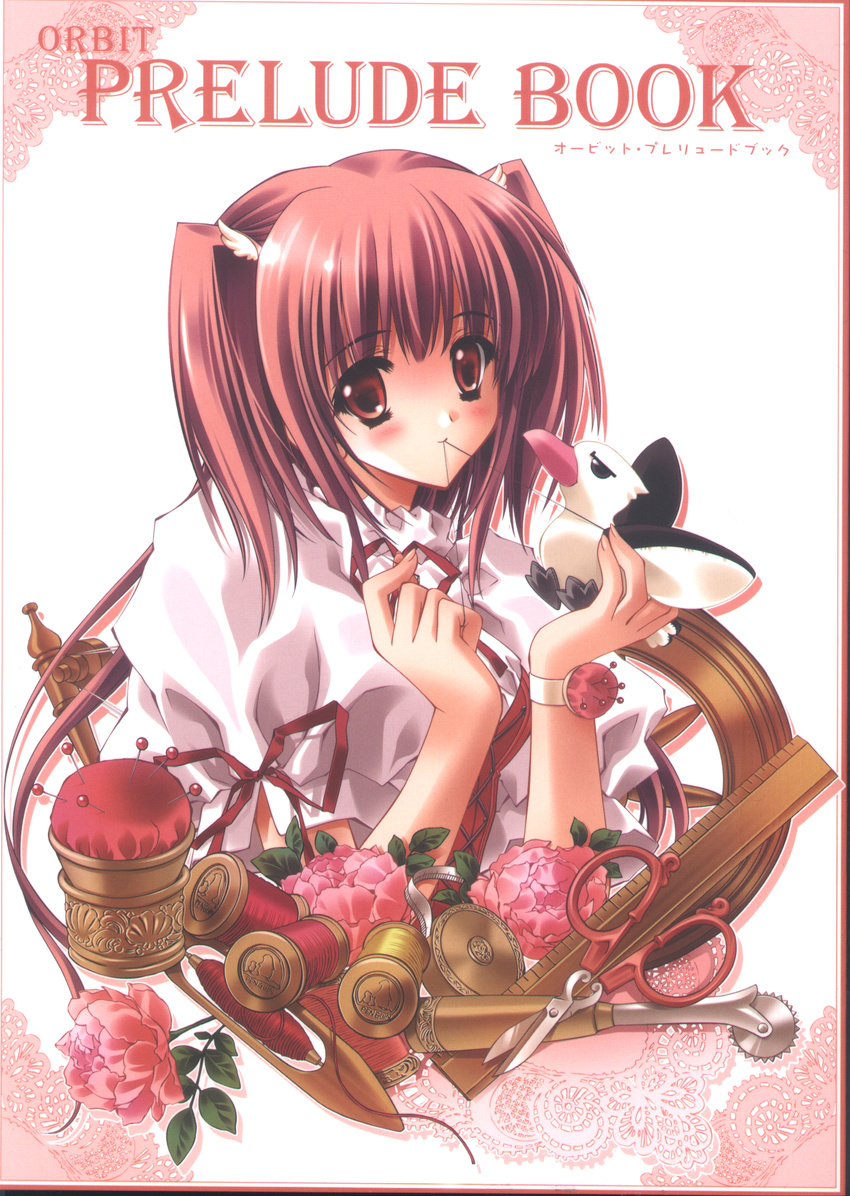 airi_(quilt) blush carnelian flower highres holding long_hair mouth_hold pin pincushion pink_flower pink_rose puffy_short_sleeves puffy_sleeves quilt_(game) red_eyes red_hair red_ribbon ribbon rose ruler scan scissors short_sleeves solo spool stuffed_animal stuffed_toy tape_measure thread two_side_up