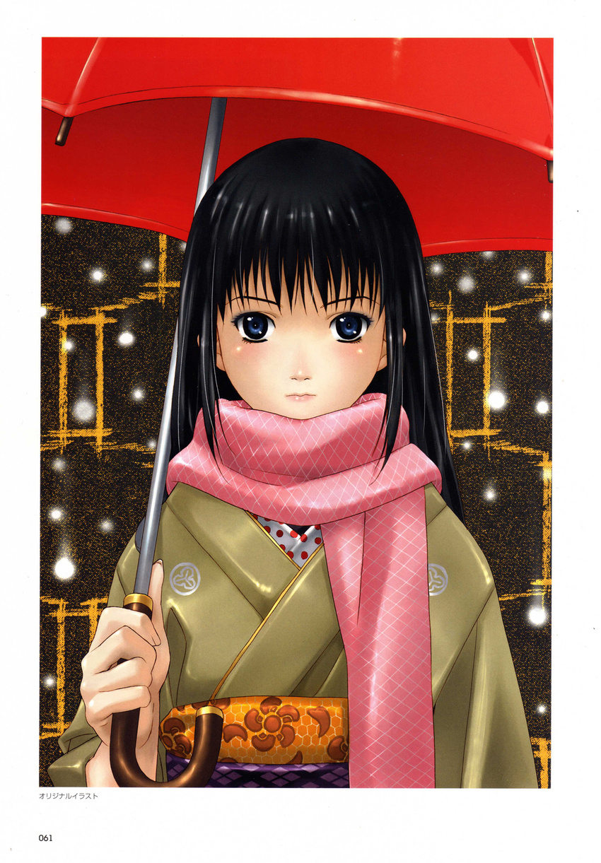 black_hair blue_eyes copyright_request happoubi_jin highres japanese_clothes kimono long_hair scan scarf snow solo umbrella