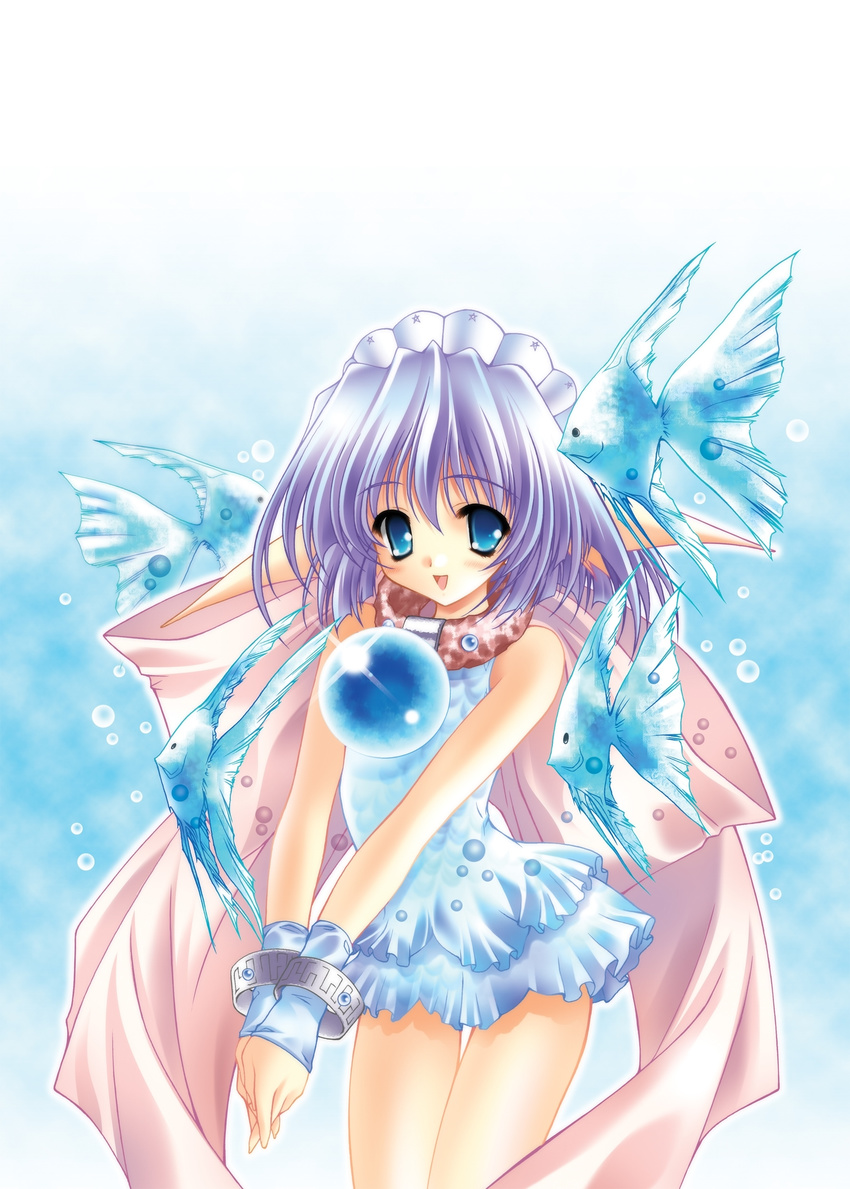 absurdres blue_eyes blue_hair dress fingerless_gloves fish frilled_dress frills gloves highres maid_headdress moekibara_fumitake moldavite nina_floam ribbon smile solo