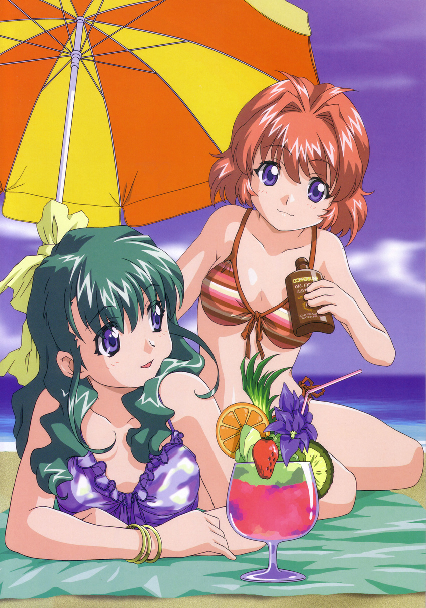 2girls absurdres beach bikini food fruit highres miyafuji_miina multiple_girls onegai_twins onodera_karen strawberry swimsuit swimsuits umbrella