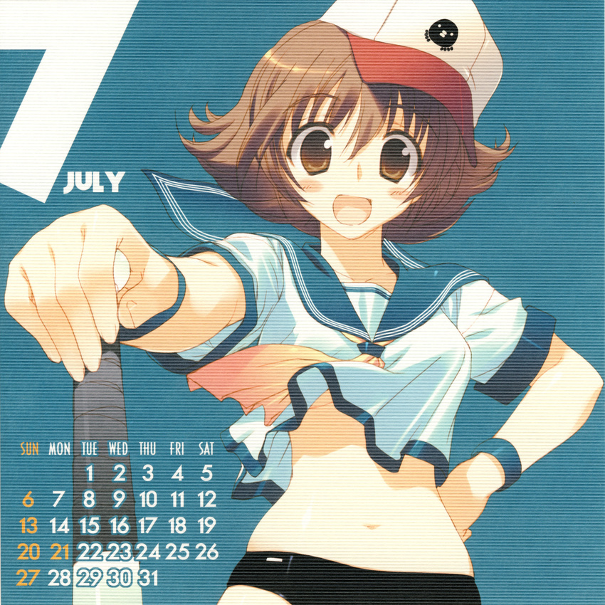 2008 amazuyu_tatsuki baseball_bat brown_eyes brown_hair calendar_(medium) hat highres july midriff navel school_uniform serafuku short_hair solo wanda_(wonder_festival) wonder_festival wonder_festival_mascots