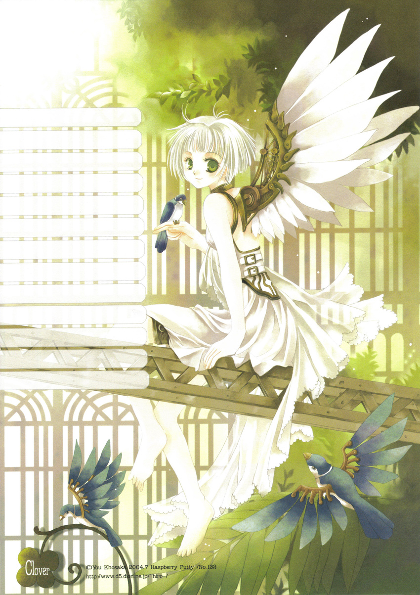 2004 absurdres bangs barefoot bird bird_on_hand blunt_bangs bob_cut buckle clover clover_(manga) copyright_name cover cover_page dated doujin_cover dress flying four-leaf_clover green_eyes highres kousaka_yuu leaf light_smile logo looking_at_viewer mechanical_wings plant scan short_hair sitting sleeveless sleeveless_dress smile suu_(clover) watermark web_address white_dress white_hair white_wings wings