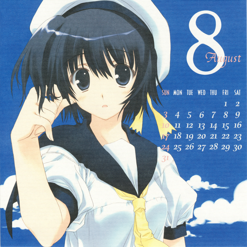 2008 august black_hair calendar_(medium) hat highres mitsumi_misato original short_hair sky solo