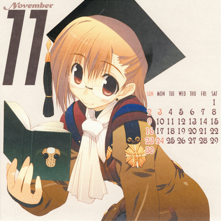 2008 amazuyu_tatsuki brown_eyes brown_hair calendar_(medium) final_fantasy final_fantasy_xi glasses highres hume november scholar_(final_fantasy) short_hair solo