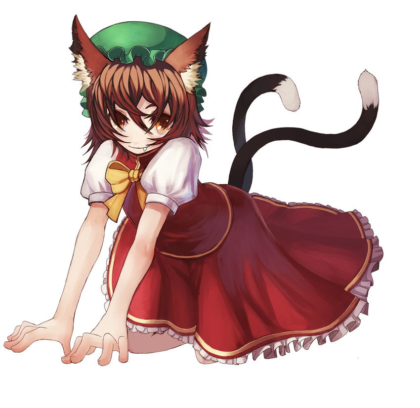 all_fours animal_ears bad_id bad_pixiv_id brown_eyes brown_hair cat_ears cat_tail chen fang hair_over_eyes hat highres kansou_samehada multiple_tails short_hair solo tail touhou