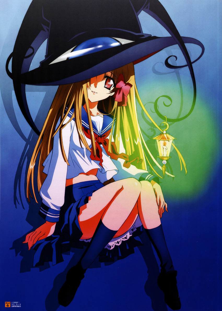 artbook azuma_hatsumi blue_eyes blue_skirt bow brown_hair candle collarbone crescent_moon english fire flame hair_bow hair_over_one_eye hat highres lantern light_smile long_hair long_sleeves looking_at_viewer midriff moon navel nishida_asako number pleated_skirt red_eyes scan school_uniform serafuku shirt shoes silhouette skirt socks solo watermark yami_to_boushi_to_hon_no_tabibito